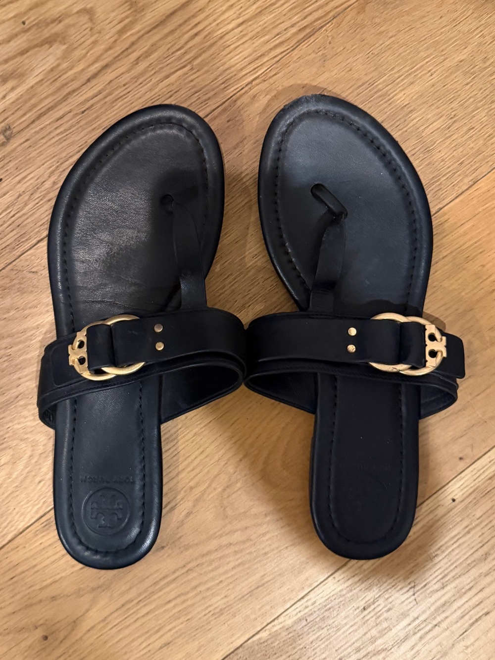 Tory Burch Black Slide Sandals with Gold Buckle Detail